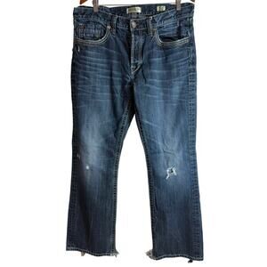 MEK Mens Jean 36x34 Western Slim Boot Raw Hem Distressed Dark Wash Embroidered